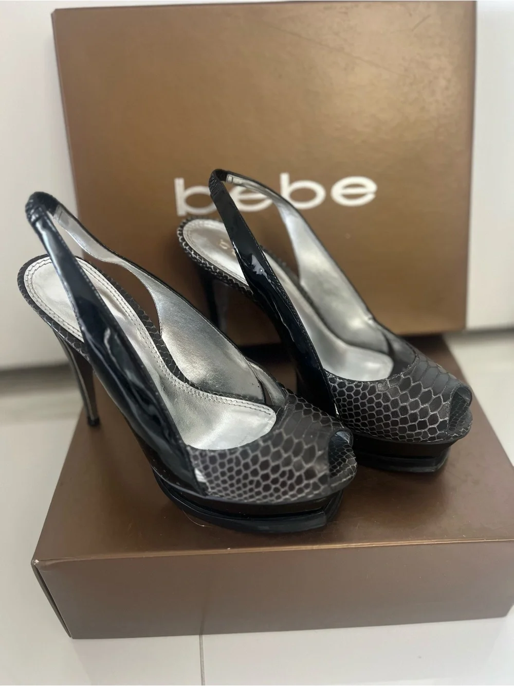 Bebe Black Snake-Embossed Slingback Heels